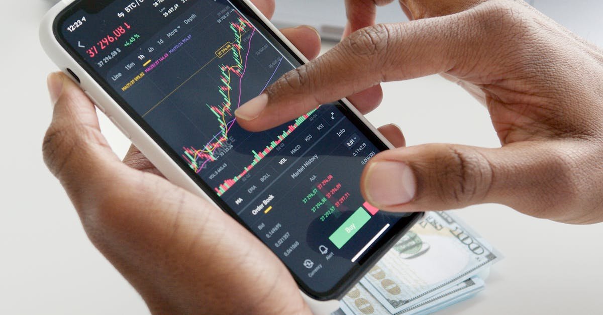 Hands using smartphone trading app with charts, dollar bills in background.